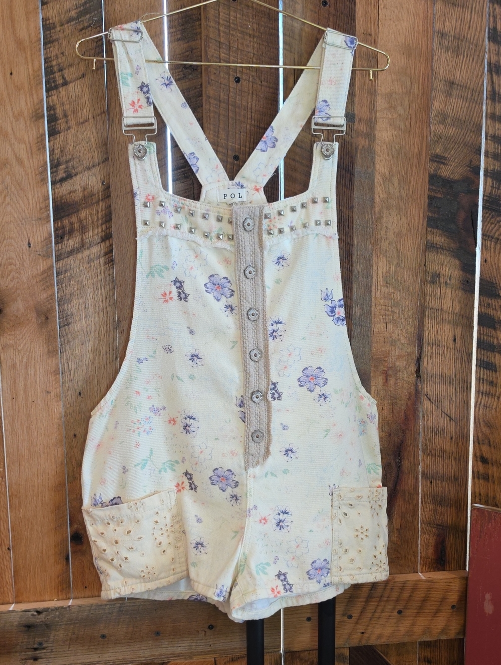 109p POL Cream Overalls with Lavender and Pink Floral Accents
